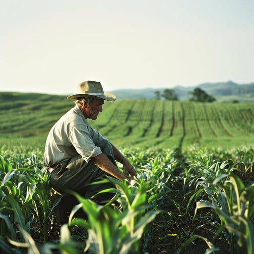 Farmer inspecting crops in a green field